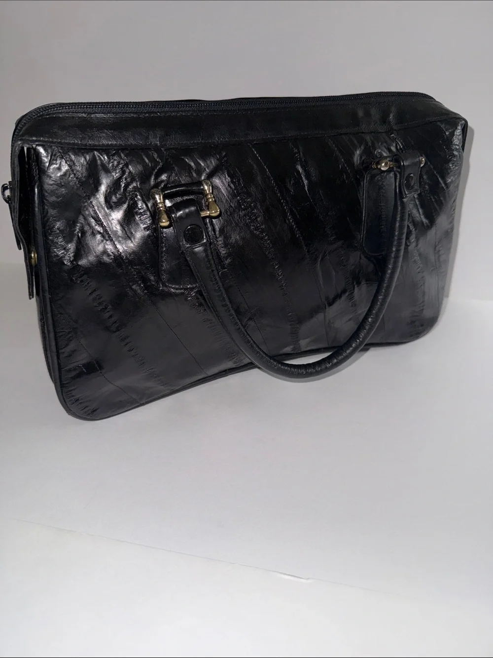Vintage 80’s Black Eel Leather Accordion Satchel with Gold Hardware